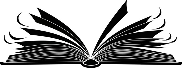 Silhouette of Open Book with Fanned Pages – Flat Black Illustration
