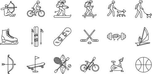 Fototapeta premium Active Lifestyle Vector Icon Set Adjustable Line Weight Sports, cycling, hiking, skateboarding, fitness, tennis, golf, skiing, kayaking, horseback riding, outdoor recreation icons