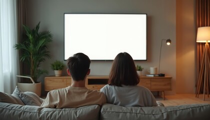 Naklejka premium Young couple watches blank screen TV in modern minimalist living room. People relax on sofa at home. Family spending time together, enjoying content. Cozy home, leisure, technology, weekend activity.