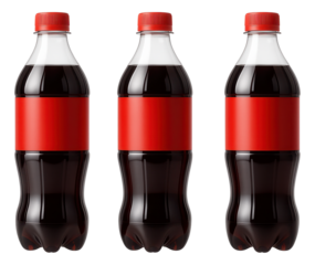 Three plastic soda bottles with red labels and caps, filled with dark carbonated beverage, on transparent background.