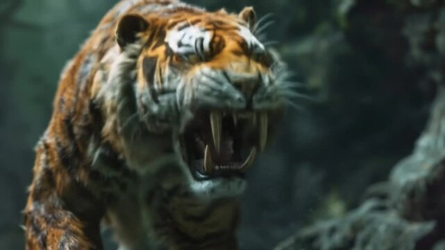 Sabertooth tiger displaying massive canine teeth in aggressive pose, prehistoric predator with powerful jaw structure and intimidating facial expression. Prehistoric animal