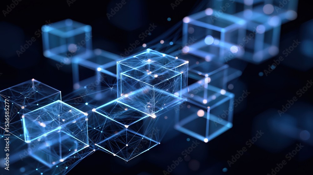 Aufkleber Digital representation of blockchain technology, showcasing interconnected cubes with glowing lines, symbolizing data transfer and decentralized networks