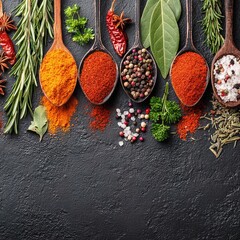 Various spices and herbs in wooden spoons creating a frame on dark background