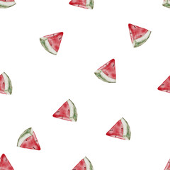 Watermelon seamless pattern watercolor. Hand drawn fruit on white background. Ideal for printing on fabrics, summer themes, packaging and cosmetics