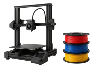 A desktop 3D printer accompanied by three colorful spools of filament in red, blue, and yellow on transparent background.