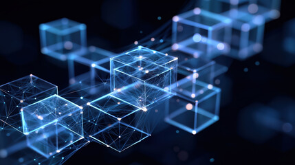 Digital representation of blockchain technology, showcasing interconnected cubes with glowing lines, symbolizing data transfer and decentralized networks