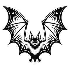 Stylized vector illustration of a winged bat in black and white with sharp lines and grinning face for halloween or tattoo design

