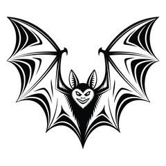 Stylized vector illustration of a winged bat in black and white with sharp lines and grinning face for halloween or tattoo design

