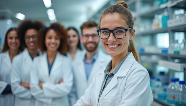 Group of scientists in lab coats smiling at camera in lab. Biochemists, chemists, doctors, researchers in medical, biology, pharmacy, scientific research environment.