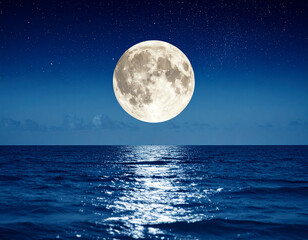 Moon shining over a calm ocean under a starry sky, casting a bright reflection on the water