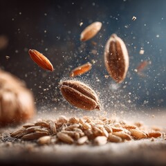 Brown rice grains falling and creating dust cloud