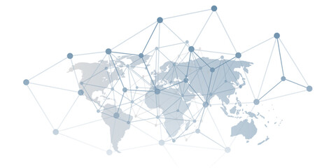 A conceptual vector graphic creative design showing a world map overlaid with a network of interconnected nodes and lines, representing global communication, data flow or digital interconnectedness.