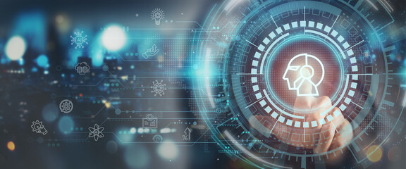 Human-AI collaboration concept. Businessman interface digital icon of a human-AI hybrid head,...