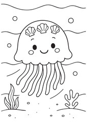 Coloring book  jellyfish adorned with seashells, floating happily underwater