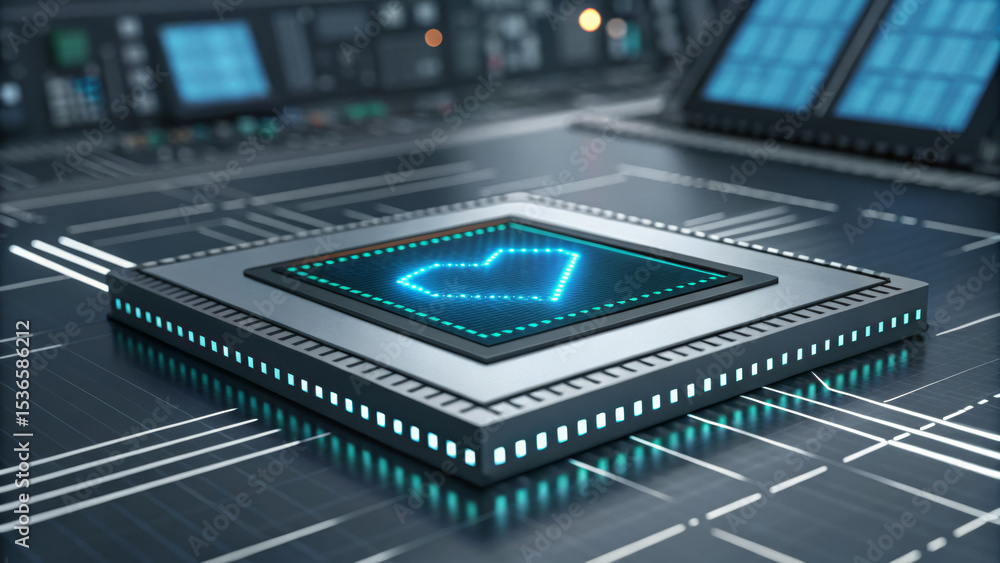Poster ai chatbot for healthcare support. futuristic microchip on a circuit board with glowing elements. ai