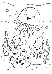 Coloring book jellyfish, turtle, and squid having fun underwater