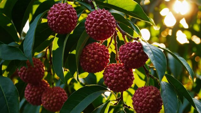 Fresh lychee fruits hanging on a tree in the afternoon light at a tropical orchard