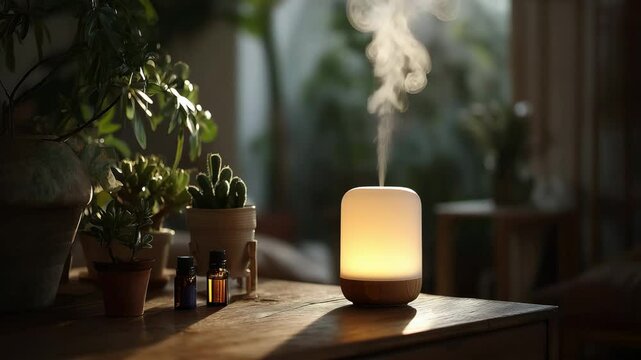 A glowing essential oil diffuser emits vapor on a wooden table surrounded by houseplants and oil bottles in a serene, sunlit room.