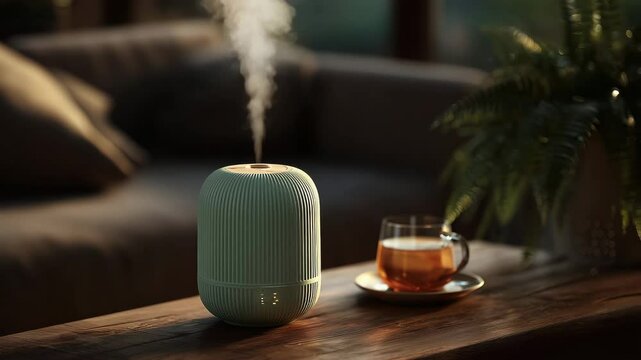 A modern essential oil diffuser releases mist on a wooden table beside a glass cup of tea in a cozy living room setting.