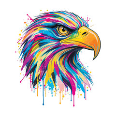 3d Vector illustration of a majestic eagle head in vibrant graffiti pop art style with colorful feathers and dripping liquid paint splashes on a clean white background. Isolated modern design.