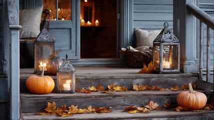 Obraz premium Eerie Autumn Porch: Pumpkins, Leaves and Lantern Glow