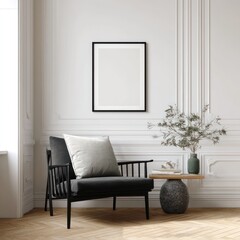 Black frame mockup paired with contemporary furniture on a white traditional wall background