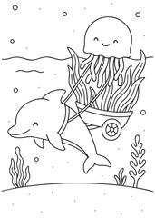 Coloring book dolphin pulling a seaweed cart with a happy jellyfish passenger