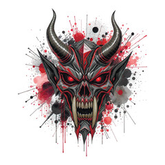 3d Vector illustration of a demonic skull with glowing red eyes, sharp fangs, and black horns, surrounded by grunge splashes and ink drops in dark red and gray tones on a white background. Isolated.
