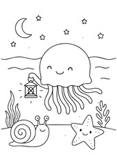 Coloring book jellyfish with a glowing lantern exploring the ocean floor with snail and starfish friends