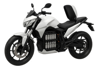 Sleek modern electric motorcycle with visible battery packs and aerodynamic design on transparent background.