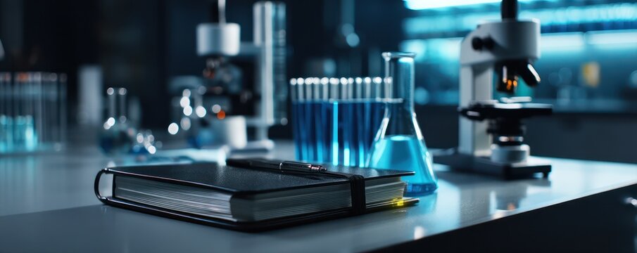 Black notebook on modern lab table, surrounded by blue chemical vials and laboratory instruments