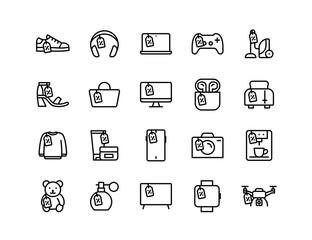 Black Friday Products Vector Icon Set | Adjustable Line Weight | Shopping, electronics, shoes, headphones, laptop, furniture, TV, perfume, smartwatch, toys, appliances, clothes, tech icons