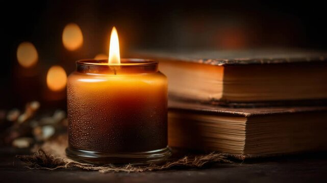 A lit candle in a glass jar sits beside old books, creating a warm and cozy atmosphere in soft ambient lighting.