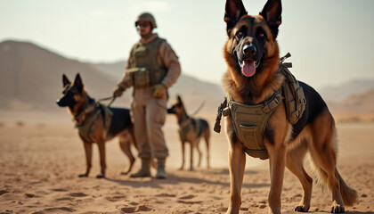 Military dog handler trains dogs in desert terrain. German Shepherd with handler in tactical gear. K9 unit military dogs training for protection security patrol service duty.