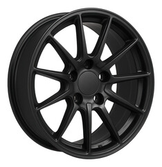 Black alloy wheel rim with a stylish multi-spoke design on transparent background.