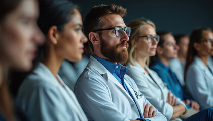 Obraz premium Medical professionals attend conference seminar. Doctors, nurses in white coats listen to speaker during healthcare advancements lecture. Attendees focused on learning, discussing, hospital teamwork.