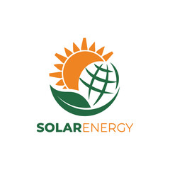 Solar Energy Logo Design, Renewable Energy Symbol with Sun, Solar Panels, and Leaf Solar Logo Design,