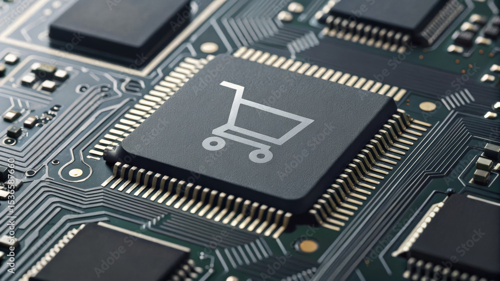 Poster ai customer support for ecommerce concept. circuit board with shopping cart symbol for e-commerce te