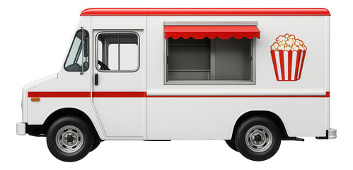 White food truck with red accents and a popcorn graphic, featuring a serving window and striped awning on transparent background.