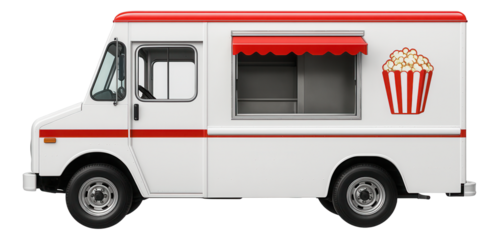 White food truck with red accents and a popcorn graphic, featuring a serving window and striped awning on transparent background.