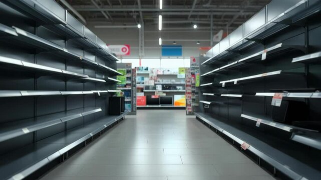 Empty store shelves in a retail location during peak shopping hours in midweek
