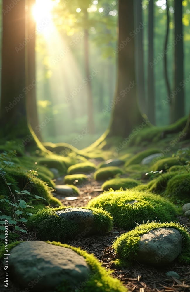 Poster forest path with moss covered stones. sunlight streams through trees creating sunny day. nature scen