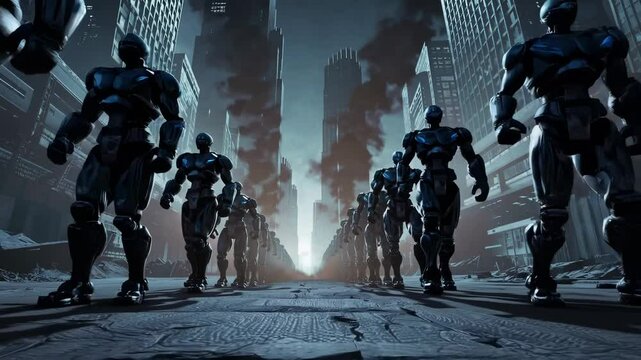 Robots march through a devastated urban landscape showcasing futuristic technology and post-apocalyptic themes