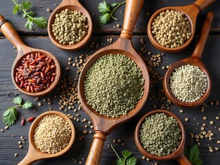 Flatlay of Herb and Spice Seeds with Wooden Spoons: Flatlay of culinary herb and spice seeds displayed in wooden spoons and small ceramic bowls on a dark wooden table for a rustic kitchen vibe.