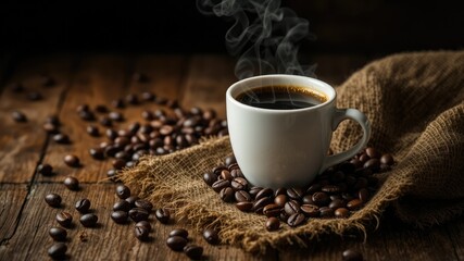 Dark Ambiance Coffee Cup Steaming on Burlap