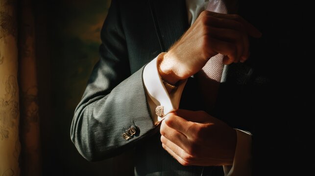 Capture the groom adjusting his cufflinks or tie in a softly lit room, highlighting the details of his formal attire and the anticipation of the moment