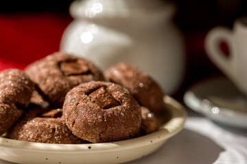 Coffee cookies with chocolate. Delicious homemade dessert.