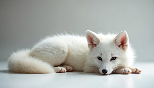 White arctic fox kit rests, studio background. Fluffy animal has white fur. Young playful fox with blue eyes. Cute pet. Perfect for design, nature, wildlife, fauna concepts. - Powered by Adobe
