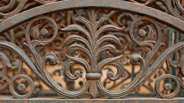 Ornate rusty metal fence detail