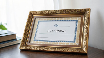 Online learning certification program concept. E-learning certificate in a decorative frame on a wooden table.